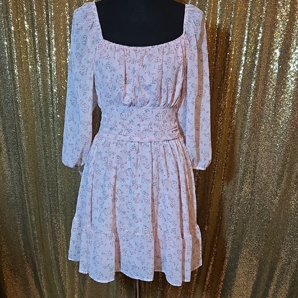 Romantic Pink Floral Tie Back Ruffled Dress